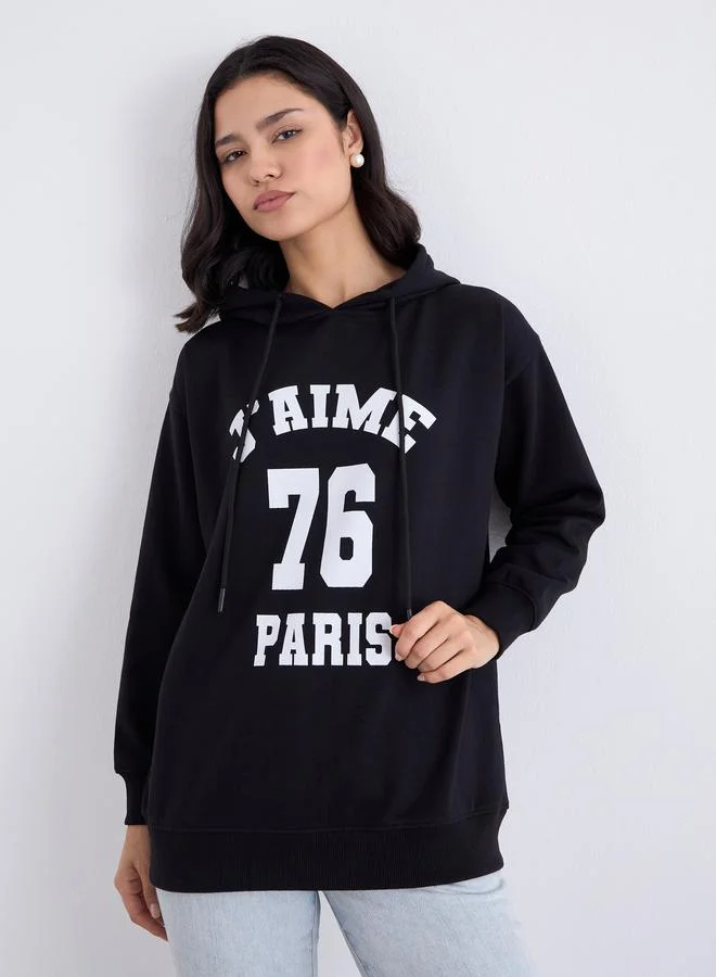 Styli Styli Black Longline Graphic Print Hoodie