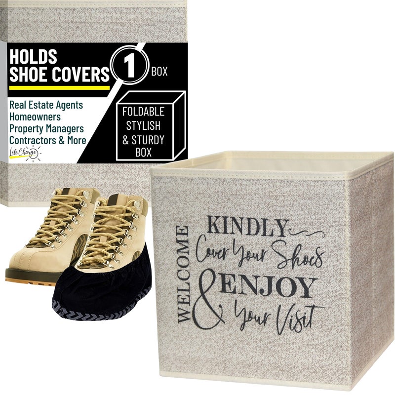 Life Charge Shoe Cover Box - Welcome Guests to Please Cover Shoes. Indoor Foldable Storage Bin to Fill w/your Favorite Booties. For Homeowner, Real Estate Agent, Realtor Open House Supplies | 1 Beige & Black - Image 2
