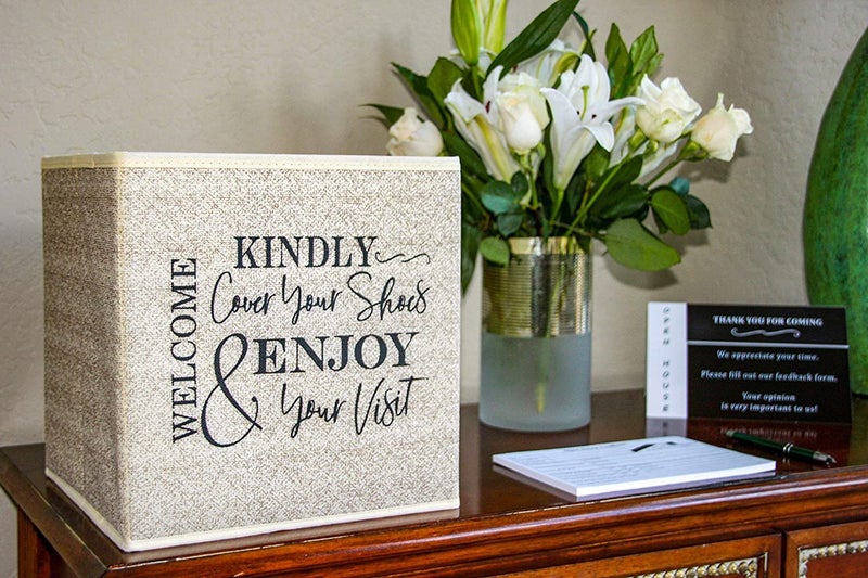 Life Charge Shoe Cover Box - Welcome Guests to Please Cover Shoes. Indoor Foldable Storage Bin to Fill w/your Favorite Booties. For Homeowner, Real Estate Agent, Realtor Open House Supplies | 1 Beige & Black - Image 4