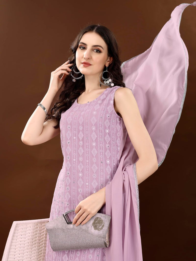 SHOPPING QUEEN Women's Georgette Embroidered Kurta Palazzo with Dupatta (A548_Light Purple_L) - Image 4