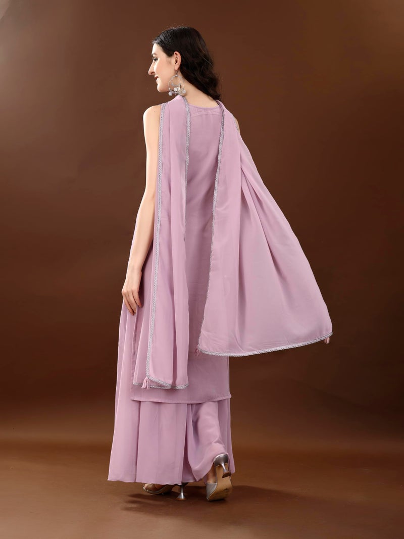 SHOPPING QUEEN Women's Georgette Embroidered Kurta Palazzo with Dupatta (A548_Light Purple_L) - Image 2
