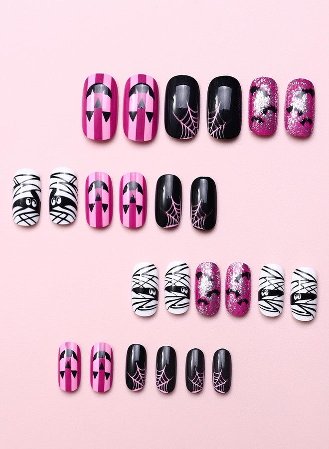 NICENEEDED 24 PCS Halloween Press on Nails, Purple Short Square Fake Nails with Mummy Bat Spider Designs, Full Cover Glue on Nails for Women Manicure Art - Image 4