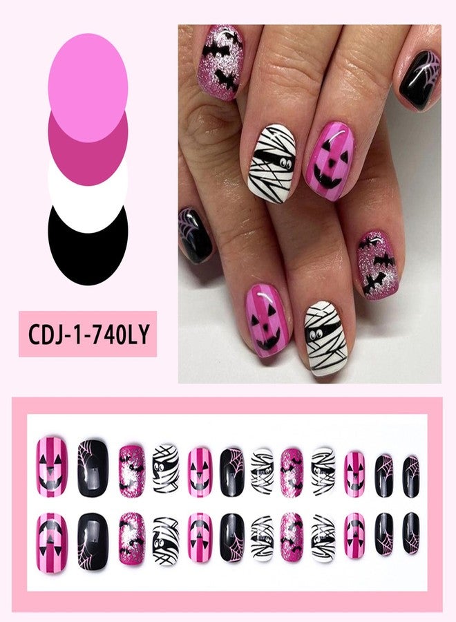 NICENEEDED 24 PCS Halloween Press on Nails, Purple Short Square Fake Nails with Mummy Bat Spider Designs, Full Cover Glue on Nails for Women Manicure Art - Image 3