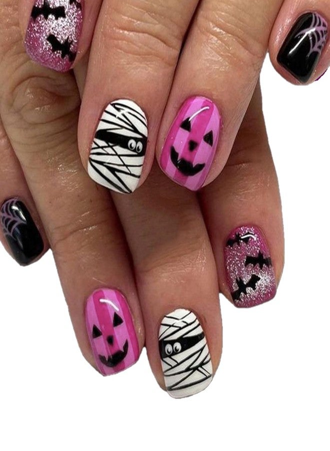 NICENEEDED 24 PCS Halloween Press on Nails, Purple Short Square Fake Nails with Mummy Bat Spider Designs, Full Cover Glue on Nails for Women Manicure Art - Image 1
