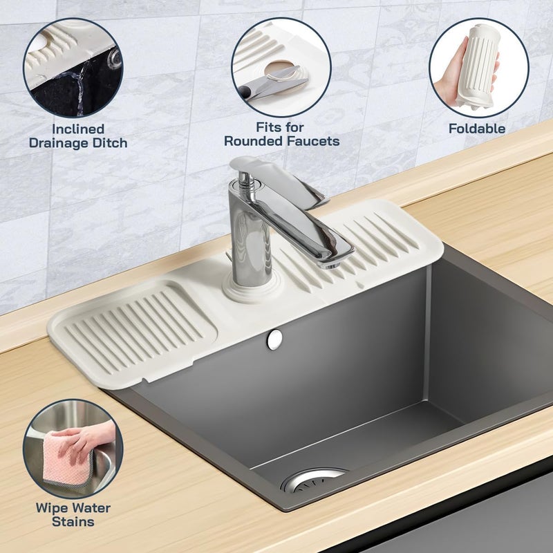 Lux Household Lux Household Silicone Faucet Handle Drip Catcher Tray SelfDraining Kitchen Sink Splash Guard with Adjustable Coil Opening Sink Faucet Mat with Cleaning Towel Ivory - Image 2