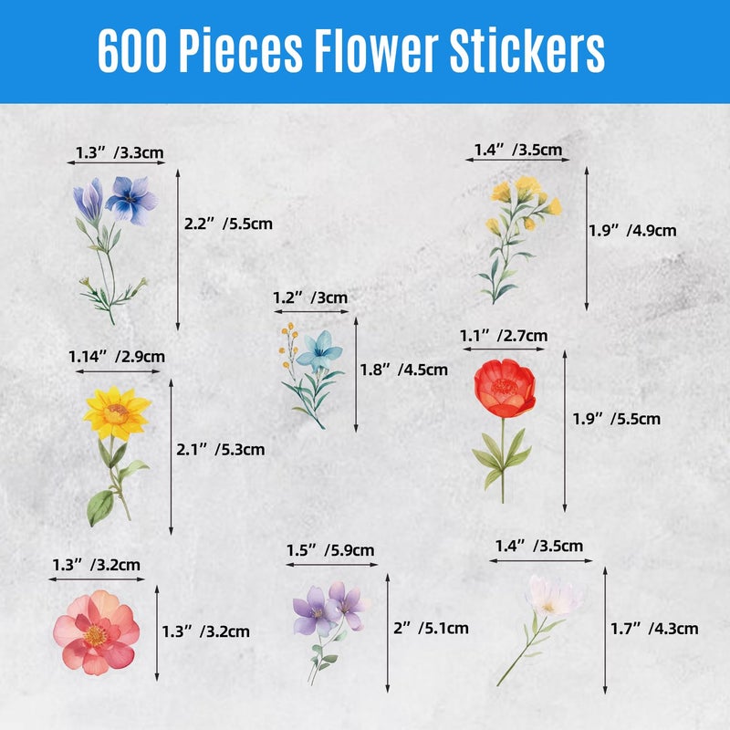 WANGHENG 600Pcs Natural Flower Stickers,Self-Adhesive PVC Vintage Flower Stickers for Scrapbook,Laptop,Journal,DIY Project - Image 2
