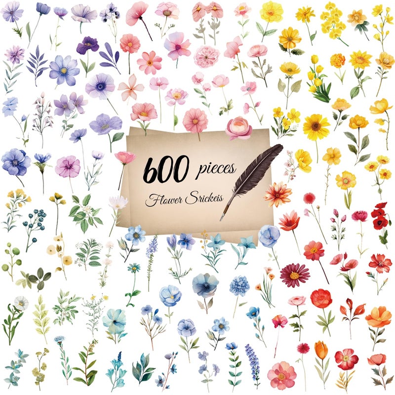 WANGHENG 600Pcs Natural Flower Stickers,Self-Adhesive PVC Vintage Flower Stickers for Scrapbook,Laptop,Journal,DIY Project - Image 1