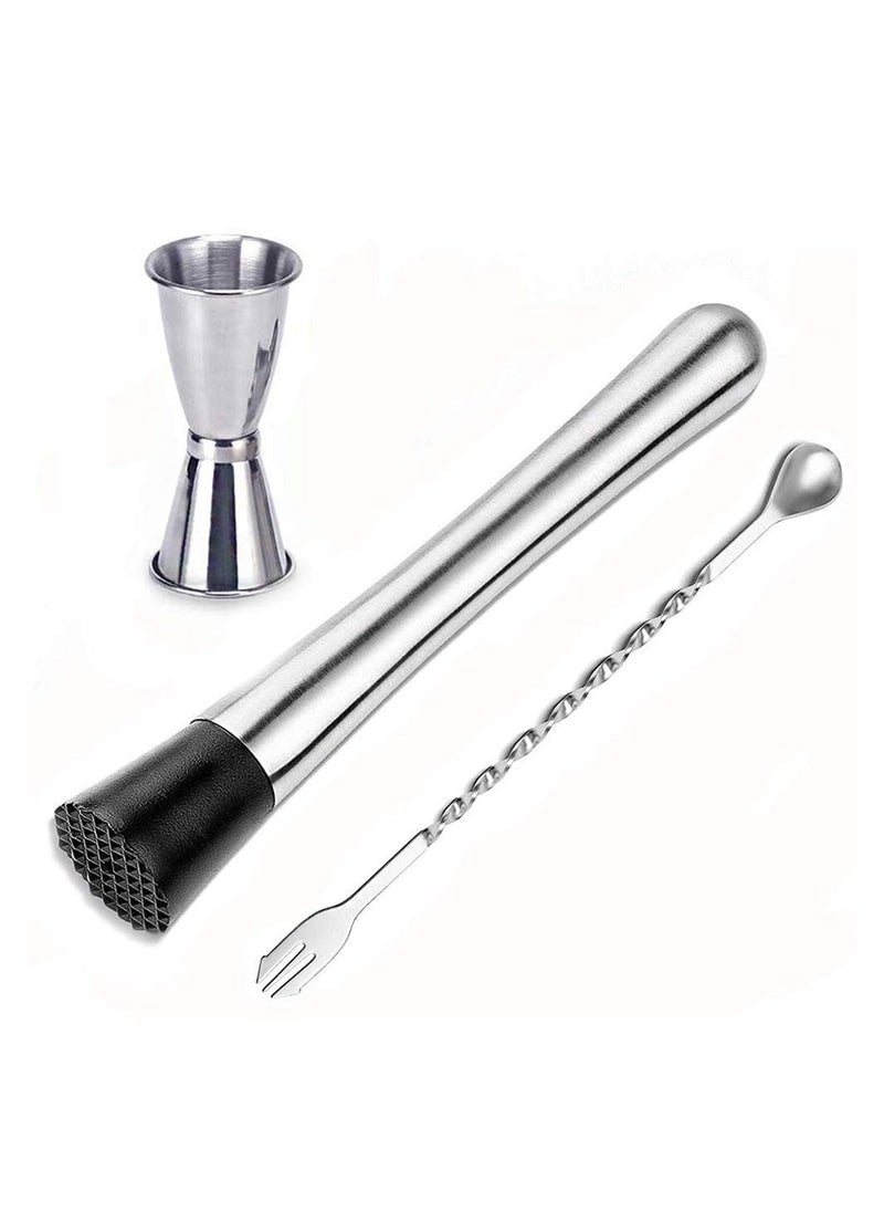 KASTWAVE Stainless Steel Muddler for Cocktails with Mixing Spoon Jigger, Professional Bar Tools for Cocktails Milk Tea Shop Coffee Shop and Home  - Image 1