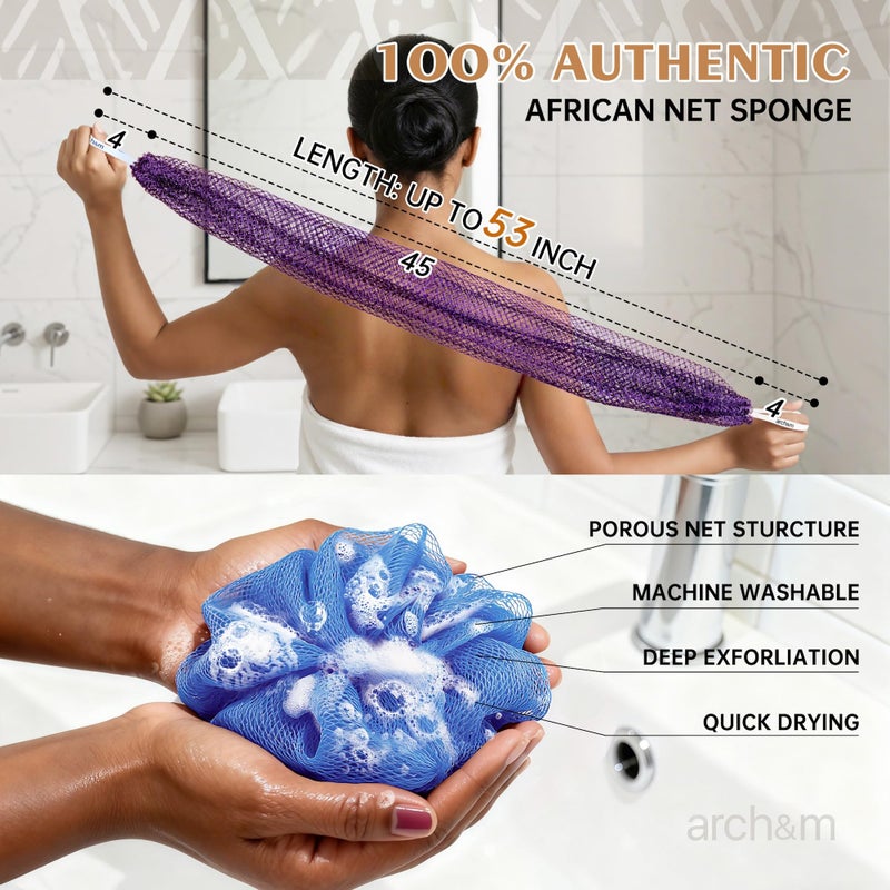 ARCH&M African Net Sponge Authentic - Extra-Long 53" Back Scrubber Quick-Dry Exfoliating Shower Loofah for Women and Men Daily Use Soft Mesh for Sensitive Skin Travel-Friendly Bath Accessories Gift - Image 2