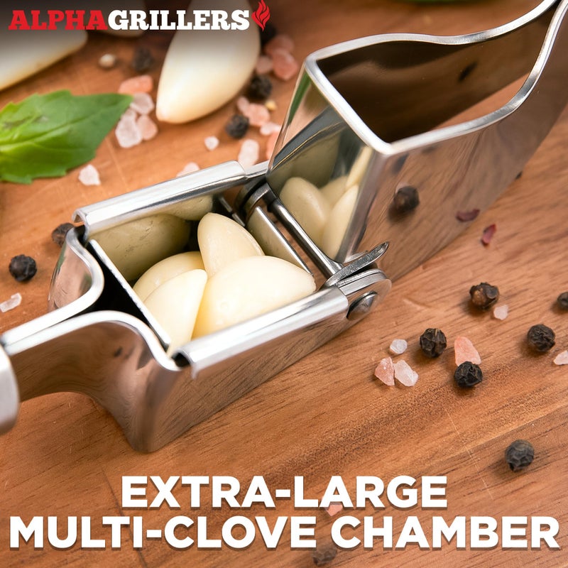 Alpha Grillers Garlic Press Stainless Steel - Easy to Clean, Rust-Proof, Dishwasher Safe - Stainless Steel Garlic Press, Mincer, Crusher with Silicone Peeler & Cleaning Brush - Image 3