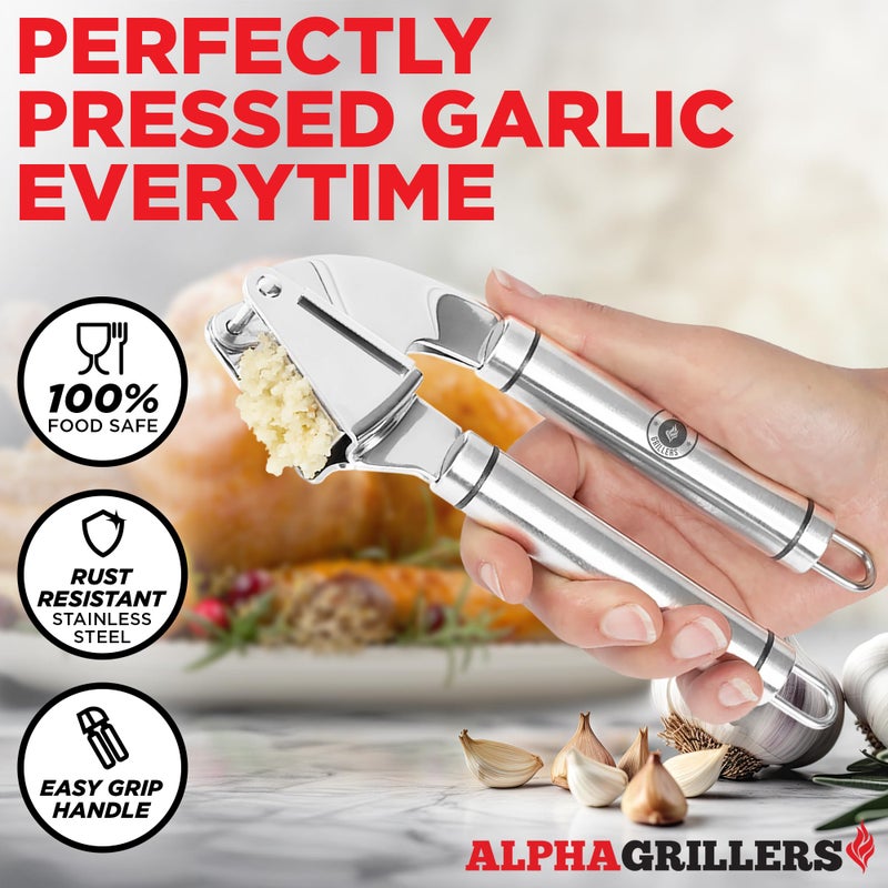 Alpha Grillers Garlic Press Stainless Steel - Easy to Clean, Rust-Proof, Dishwasher Safe - Stainless Steel Garlic Press, Mincer, Crusher with Silicone Peeler & Cleaning Brush - Image 2