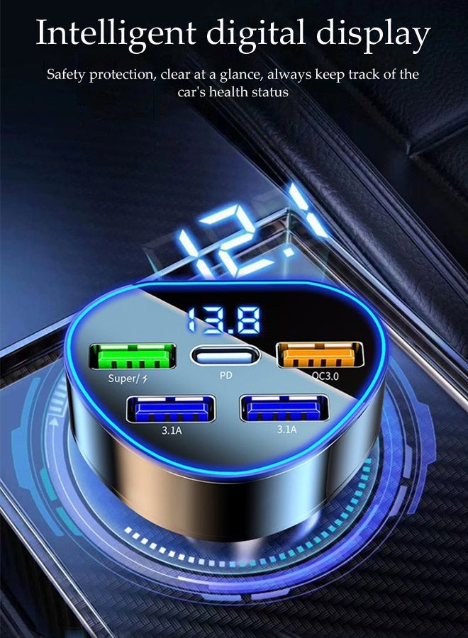 DUNISO Fast  Car Charger with 4 USB Port and 1 Type-C Port ，Multi function Dual USB port vehicle power adaptors,LED digital display,Suitable for iPhone ,Galaxy, Huawei and other mobile phone - Image 4