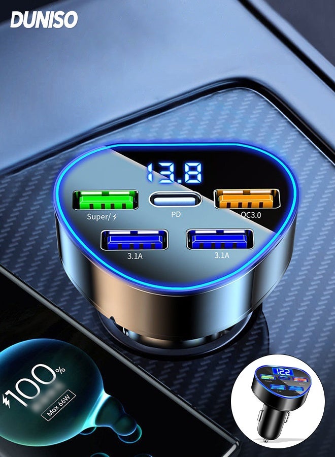 DUNISO Fast  Car Charger with 4 USB Port and 1 Type-C Port ，Multi function Dual USB port vehicle power adaptors,LED digital display,Suitable for iPhone ,Galaxy, Huawei and other mobile phone - Image 1