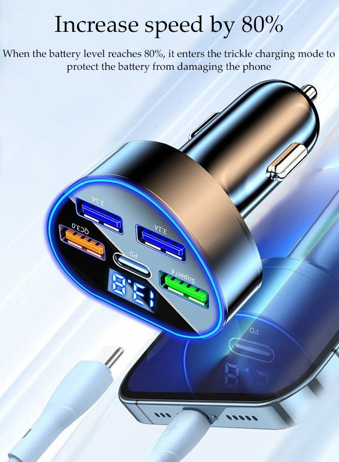 DUNISO Fast  Car Charger with 4 USB Port and 1 Type-C Port ，Multi function Dual USB port vehicle power adaptors,LED digital display,Suitable for iPhone ,Galaxy, Huawei and other mobile phone - Image 2