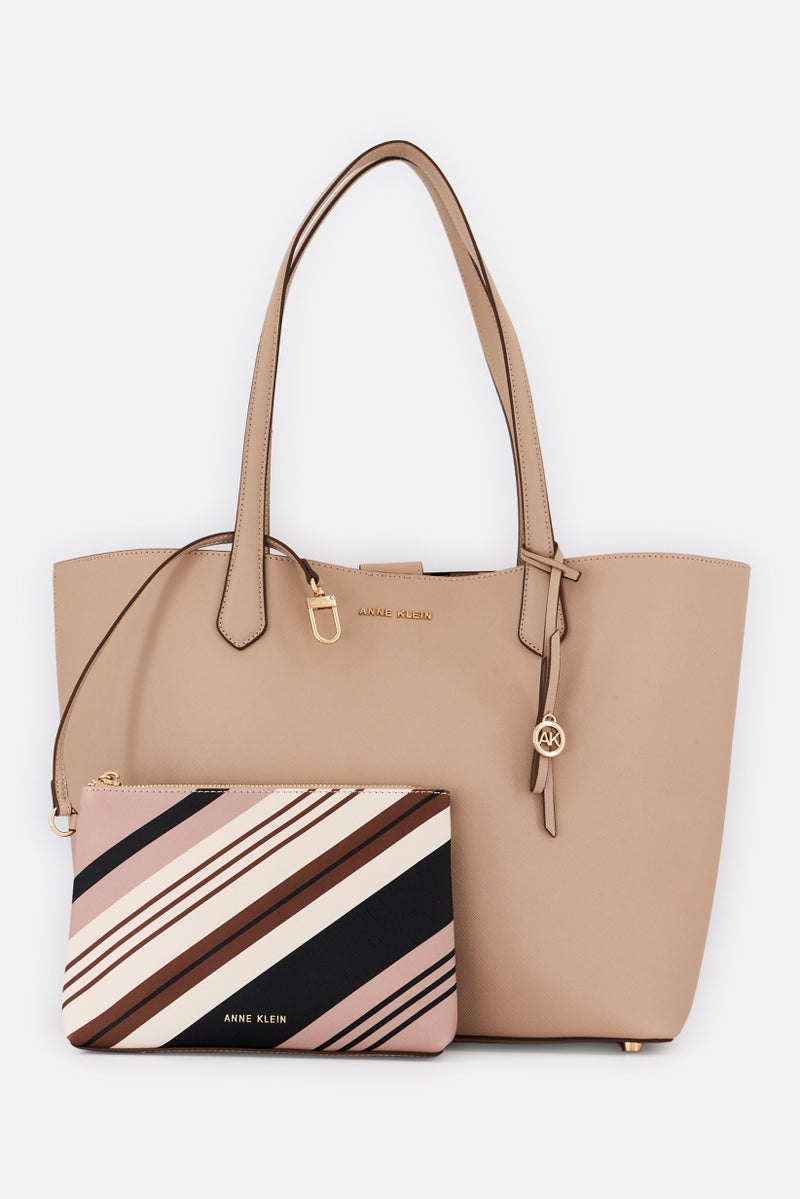 ANNE KLEIN Women Brand Logo Tote Bag With Pouch, Taupe - Image 1