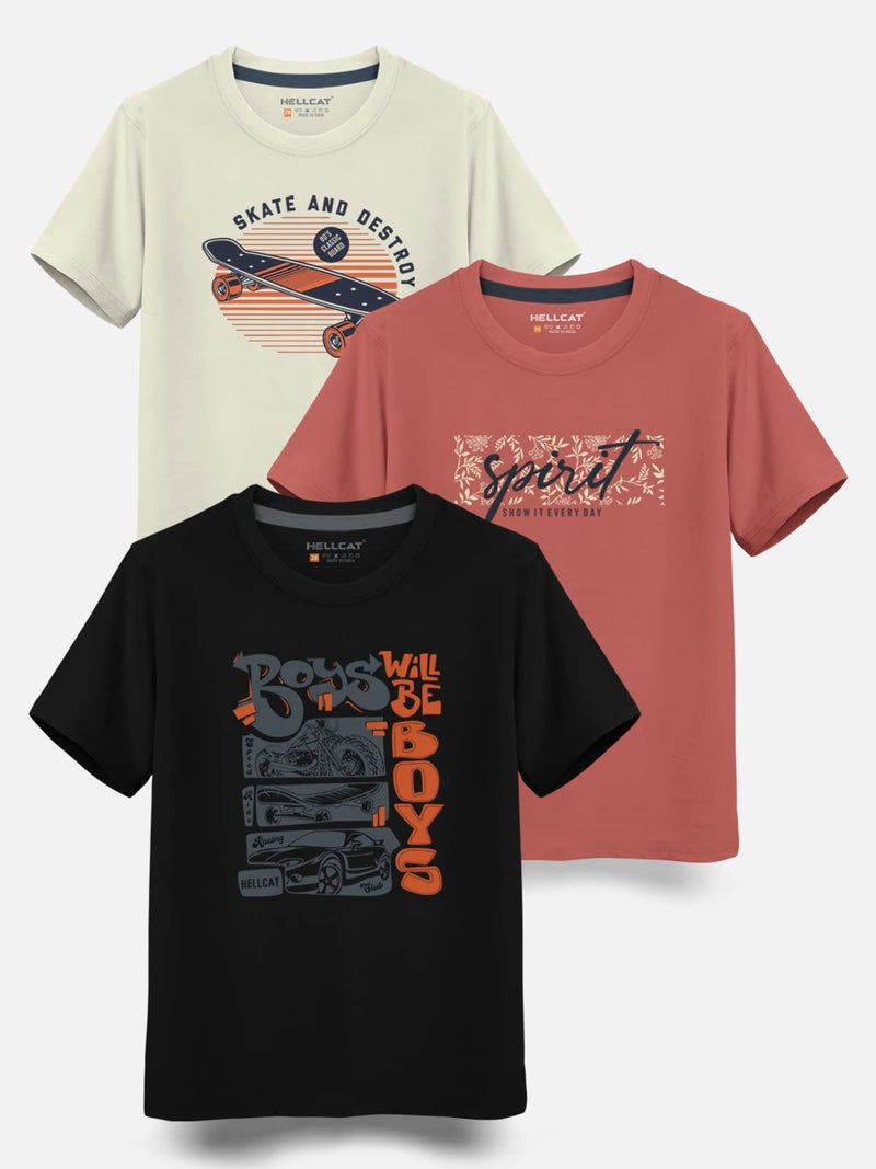 HELLCAT Boy's Regular Fit T-Shirt Black/Brick/Beige 13 Years-14 Years (Pack Of 3) - Image 2