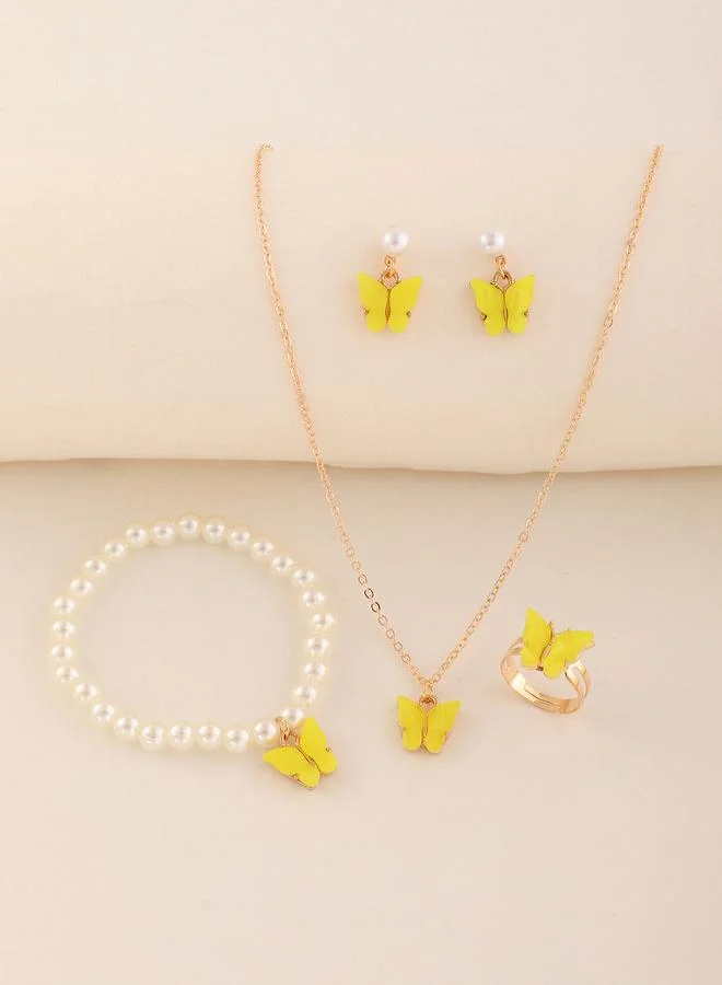 Girls Yellow Butterfly Charm Necklace, Bracelet, Ring and Earrings Set