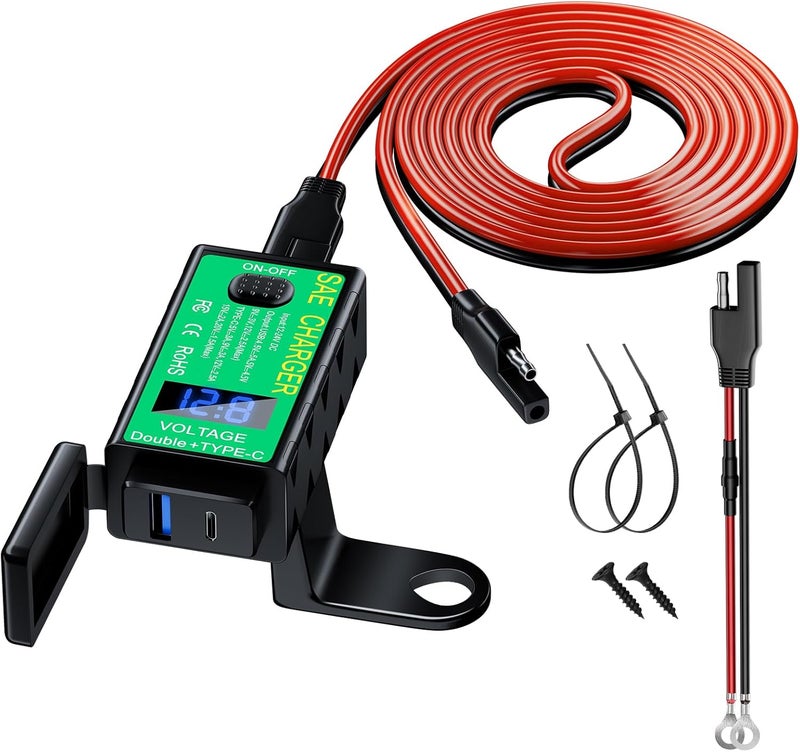 YONHAN Motorcycle Phone Charger, Total 60W 6.8A Dual USB Type C PD & QC 3.0 Motorcycle USB Charger, SAE to USB Adapter with Voltmeter & ON/Off Switch, Waterproof Motorcycle Accessories for Phone - Image 1