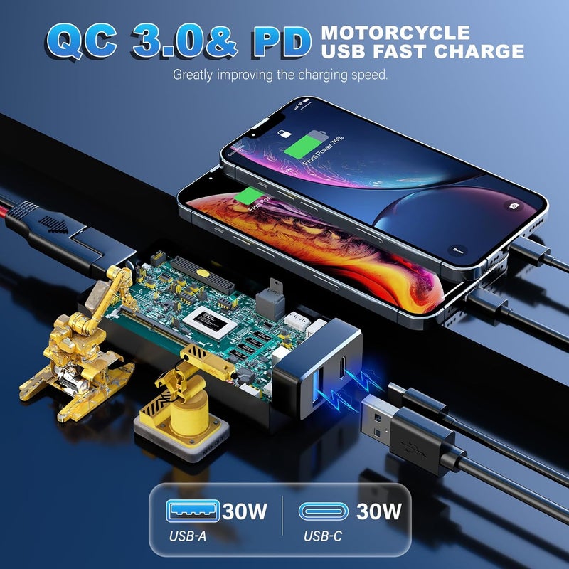 YONHAN Motorcycle Phone Charger, Total 60W 6.8A Dual USB Type C PD & QC 3.0 Motorcycle USB Charger, SAE to USB Adapter with Voltmeter & ON/Off Switch, Waterproof Motorcycle Accessories for Phone - Image 2