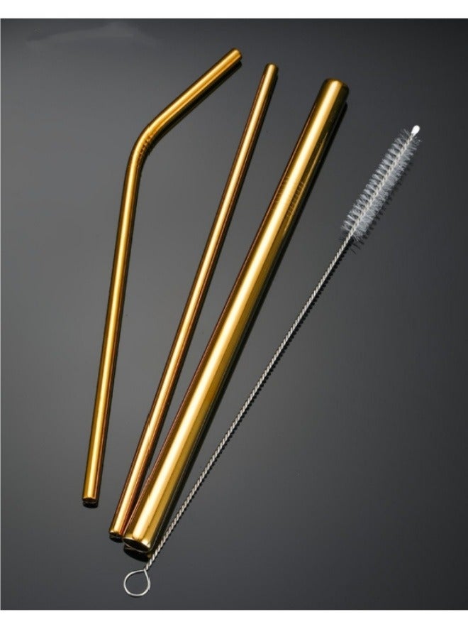 3 Pcs 304 Stainless Steel Straw Set With Straw Brush (Gold) - Image 1