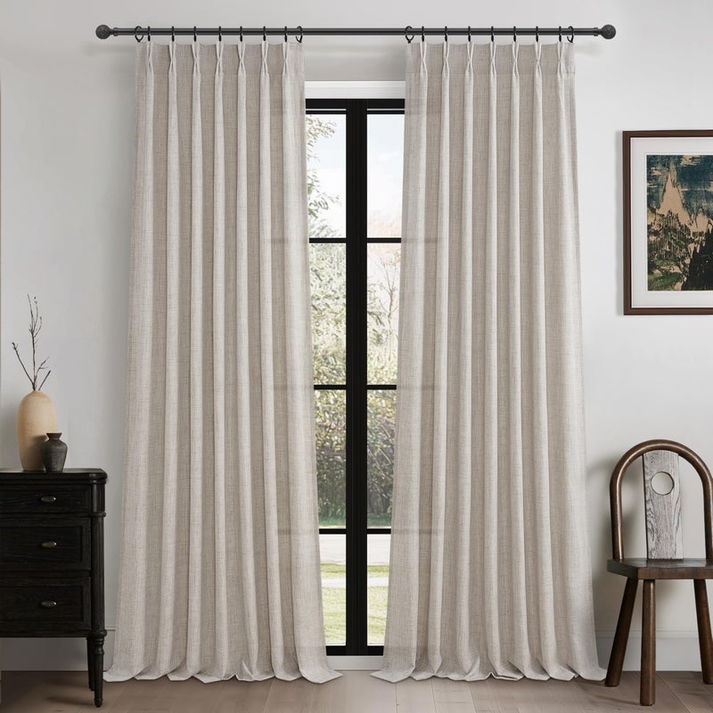 PleatedDrapes Grayish Brown Thick Burlap Semi Sheer Curtains 96 Inches Long for Bedroom 2 Panels Set, Pinch Pleated Linen Blend Tan Light Filtering Curtain with Hooks Back Tab Memory Trained Viral Window Drapes 8FT - Image 1