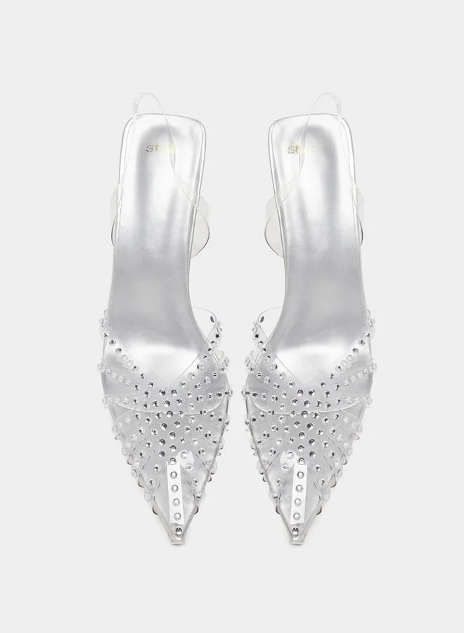Styli Embellished Pointed Toe Slingback Pumps