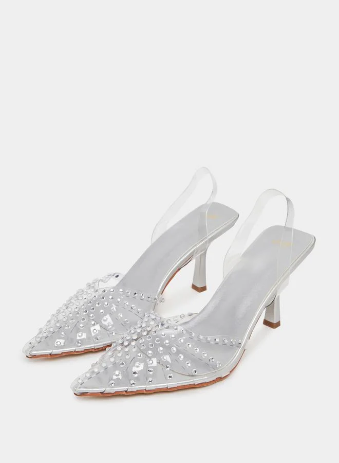 Styli Embellished Pointed Toe Slingback Pumps