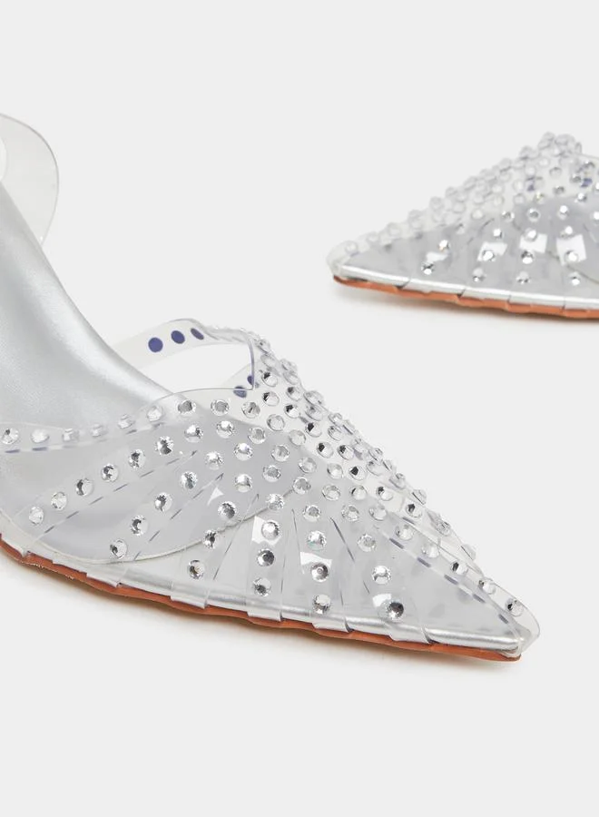 Styli Embellished Pointed Toe Slingback Pumps