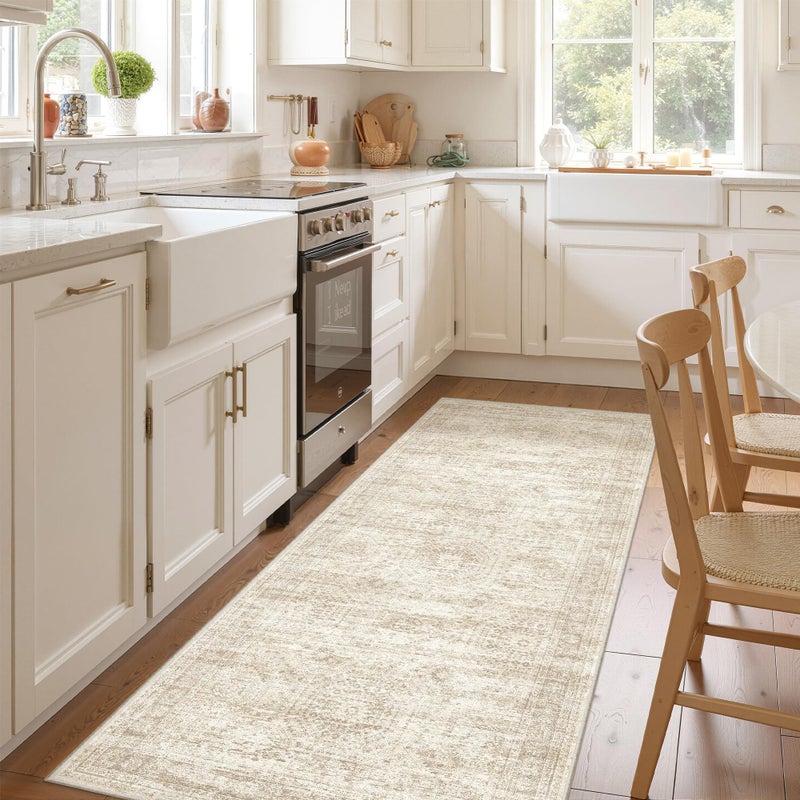 Restydon 3x6 Runner Rug Non Slip, Thin Entryway Washable Rug for Entryway, Runners for Hallways, Low Pile Vintage Abstract Soft Rugs for Living Room, Kitchen, Bedroom(3'x6', Beige/Ivory) - Image 4