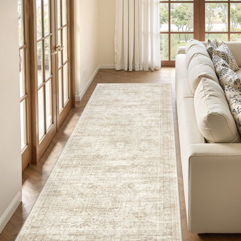 Restydon 3x6 Runner Rug Non Slip, Thin Entryway Washable Rug for Entryway, Runners for Hallways, Low Pile Vintage Abstract Soft Rugs for Living Room, Kitchen, Bedroom(3'x6', Beige/Ivory) - Image 2