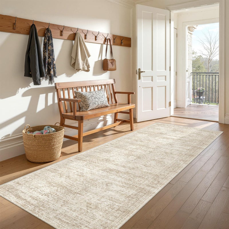 Restydon 3x6 Runner Rug Non Slip, Thin Entryway Washable Rug for Entryway, Runners for Hallways, Low Pile Vintage Abstract Soft Rugs for Living Room, Kitchen, Bedroom(3'x6', Beige/Ivory) - Image 1