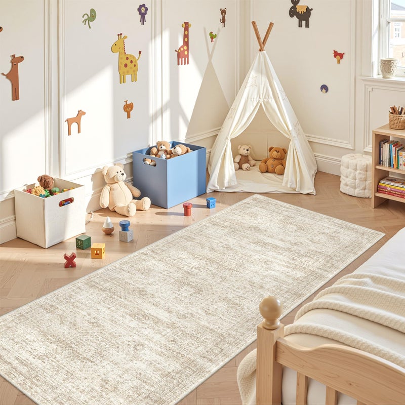 Restydon 3x6 Runner Rug Non Slip, Thin Entryway Washable Rug for Entryway, Runners for Hallways, Low Pile Vintage Abstract Soft Rugs for Living Room, Kitchen, Bedroom(3'x6', Beige/Ivory) - Image 3