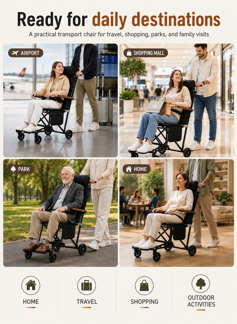 دي بلو كرسي نقل قابل للطي، مسند ظهر قابل للإمالة، خفيف الوزن، محمول، إطار من الفولاذ الكربوني، يتحمل وزن 100 كجم، أسود اللون - Image 3