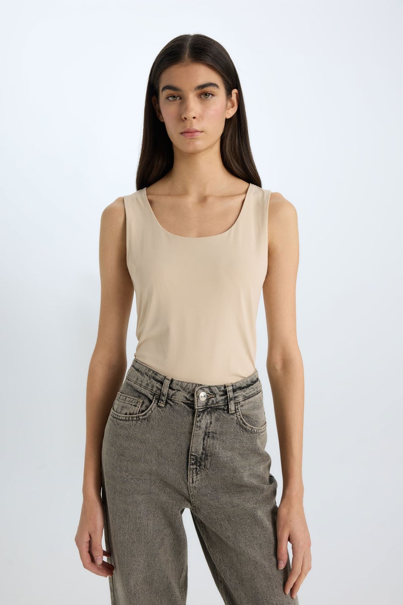 DeFacto Beige Woman Slim Fit Basic Square Collar Sleeveless Tank Top Casual - Image 1
