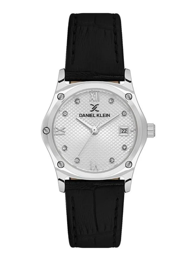 DANIEL KLEIN Women's Leather Silver Brass Case Analog Silver Round Emboss Dial Japanese Quartz Premium 30 Meters Water Resistant