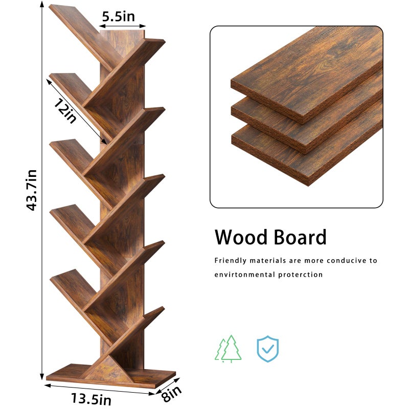 SHEEPAM 10 Tier Tree Book Shelf, Floor Standing Wood Bookshelf for Narrow Space, Storage Organizer Bookshelves for Books/CDs/Magazine, Bookcase with Shelves for Home Office, Living Room - Brown - Image 4