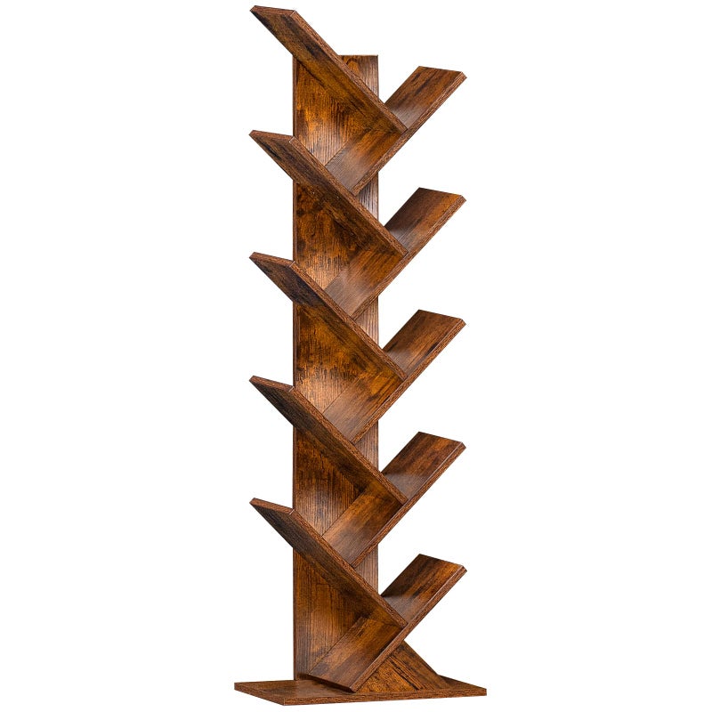 SHEEPAM 10 Tier Tree Book Shelf, Floor Standing Wood Bookshelf for Narrow Space, Storage Organizer Bookshelves for Books/CDs/Magazine, Bookcase with Shelves for Home Office, Living Room - Brown - Image 1
