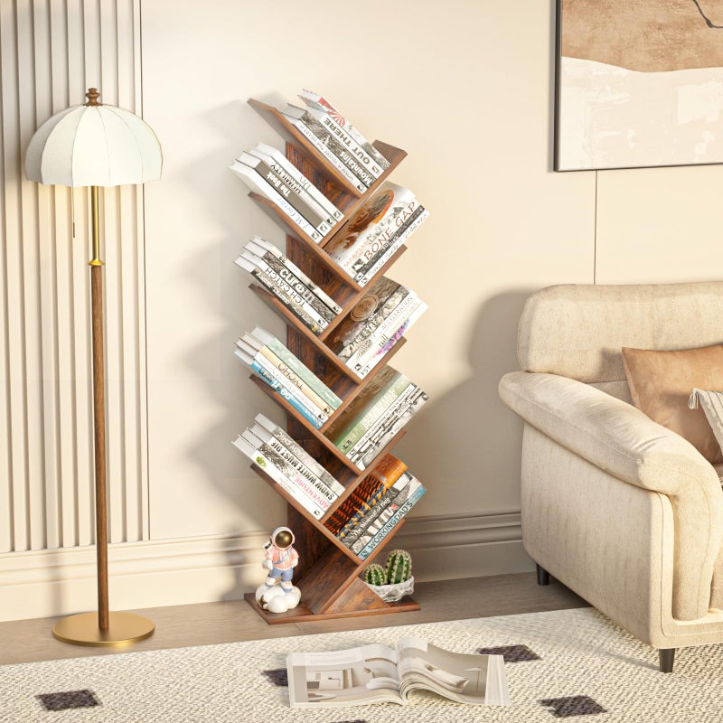 SHEEPAM 10 Tier Tree Book Shelf, Floor Standing Wood Bookshelf for Narrow Space, Storage Organizer Bookshelves for Books/CDs/Magazine, Bookcase with Shelves for Home Office, Living Room - Brown - Image 3