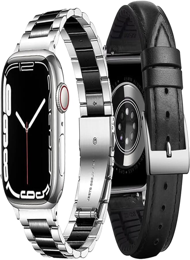 Next Next Store 2 Pack Stainless Steel Metal Watch Band with Soft Leather Strap Unique Design Compatible with iWatch Series 1/2/3/4/5/6/7/8/9SE Ultra/Ultra2 42mm 44mm 45mm 49mm