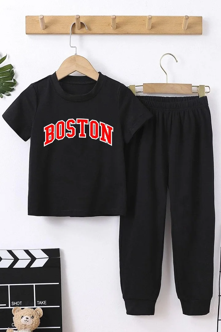 ONLYTRENDWEAR Childrens Boston Bottom - Top Tracksuit Set 3-4 Years Old Black