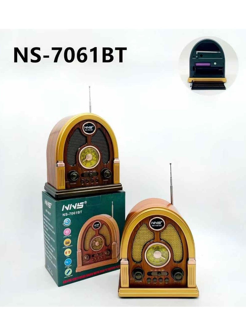 أن أن أس NS-7061BT راديو مكتبي كلاسيكي بتصميم عتيق، مشغل خشبي قديم للتحكم عن بعد بالبلوتوث، تحكم صوتي، شحن بطاقة ذاكرة متعدد الالوان - Image 1