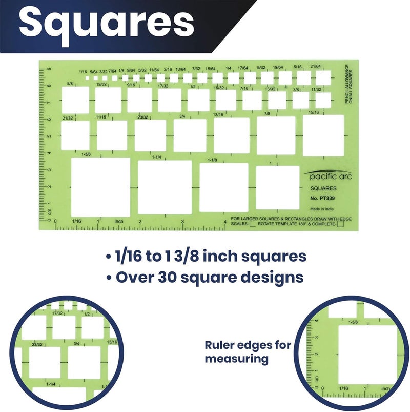 Pacific Arc Squares Template Guide, 39 Squares ranging from 1/16 inch to 1 and 3/8 inch - Image 3