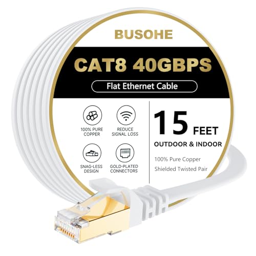 BUSOHE Cat 8 Ethernet Cable 15 FT, 40Gbps 2000Mhz High Speed Flat Cat8 Cable Patch Cord with Gold-Plated RJ45 Connector, LAN Network Internet Cable for Router/Gaming/Computer, S/FTP - Image 1