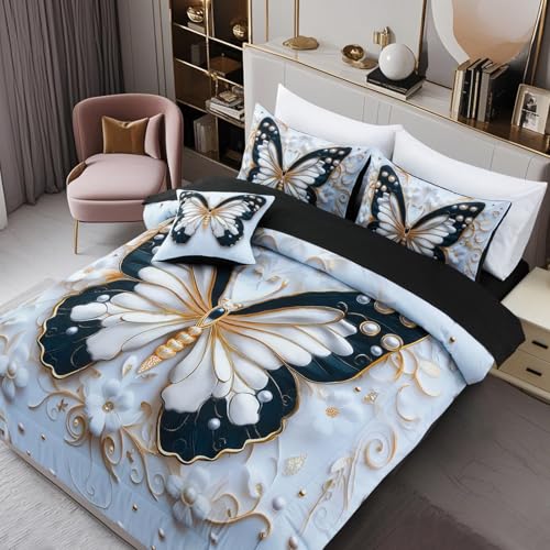 A Nice Night 6pcs Bed in A Bag Black and Glod Dreamy 3D Butterfly Pearl Flower Design Butterflies Printed Bedding Twin Comforter Set for Girls Kids Teens - Image 3