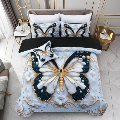 A Nice Night 6pcs Bed in A Bag Black and Glod Dreamy 3D Butterfly Pearl Flower Design Butterflies Printed Bedding Twin Comforter Set for Girls Kids Teens - Image 1
