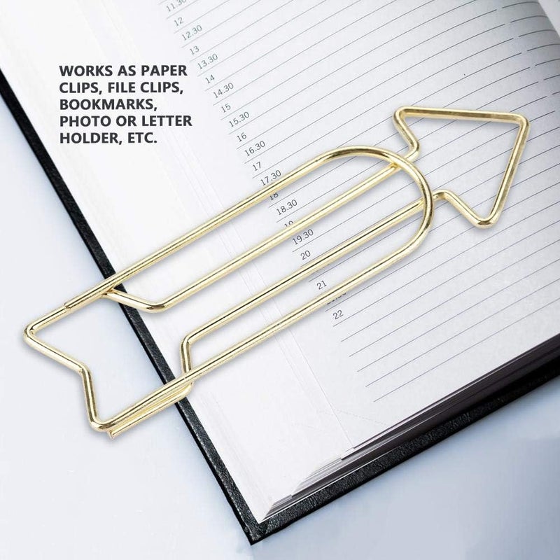 klarako Gold Paper Clips, Paperclips Bookmark Clips,12pcs Cute Paper Clip Gold Electroplating Metal Arrow Shaped Page Marker Funny Stationery Bookmark Marking Clip for Office Supplier School Student - Image 3