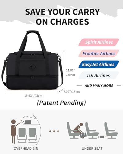 WANDF Travel Duffel Bag with Wet Pocket Shoe Compartment 18x14x8 Personal Item Bag with USB Charging Port WaterResistant Gym Weekender Overnight Carryon for Women Men Black - Image 3