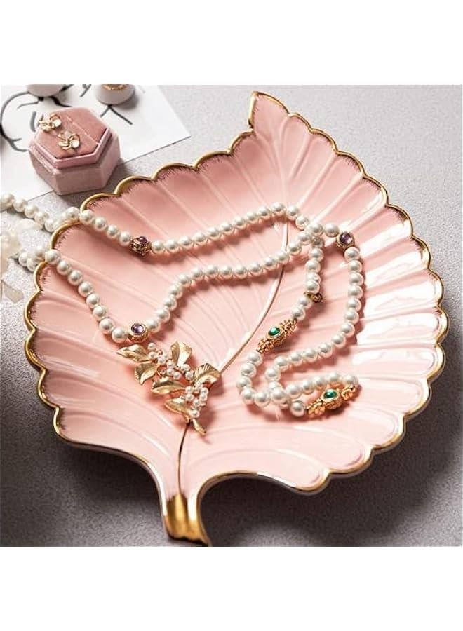 Jewelry Tray Ceramic Ring Holder Dish 10.6 x 7.9 Pink Key Bowl Birthday Gifts for Women Leaf Aesthetic Coffee Table Decor Cute Room Apartment Bathroom Dresser Decor Bridesmaid Wedding Gifts  - Image 3