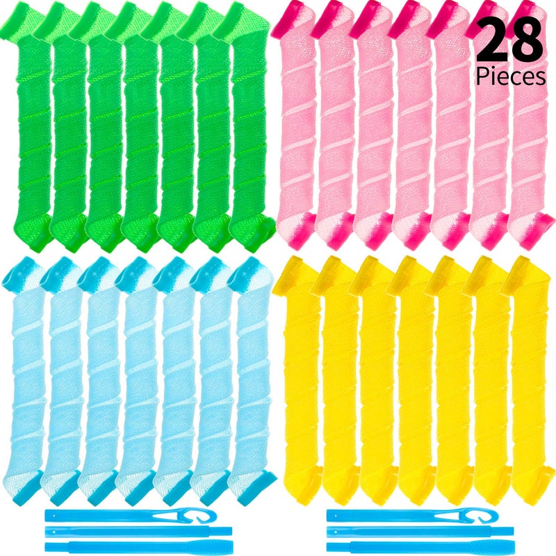 WILLBOND 28 Pieces Heatless Curlers No Heat Spiral Curls Hair Curlers Styling Kit with 2 Pieces Styling Hooks for Most Kinds of Hairstyles (Green, Pink, Blue, Yellow,45 cm) - Image 1