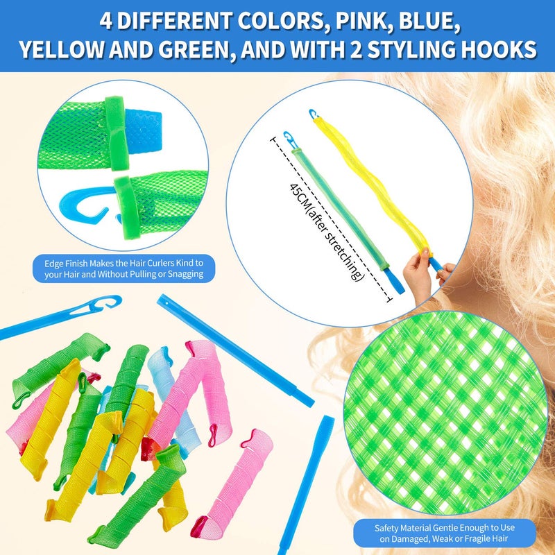WILLBOND 28 Pieces Heatless Curlers No Heat Spiral Curls Hair Curlers Styling Kit with 2 Pieces Styling Hooks for Most Kinds of Hairstyles (Green, Pink, Blue, Yellow,45 cm) - Image 2